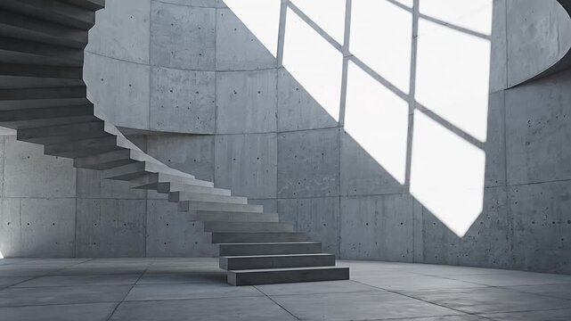 Modern concrete spiral staircase inside minimalist brutalist architectural space
