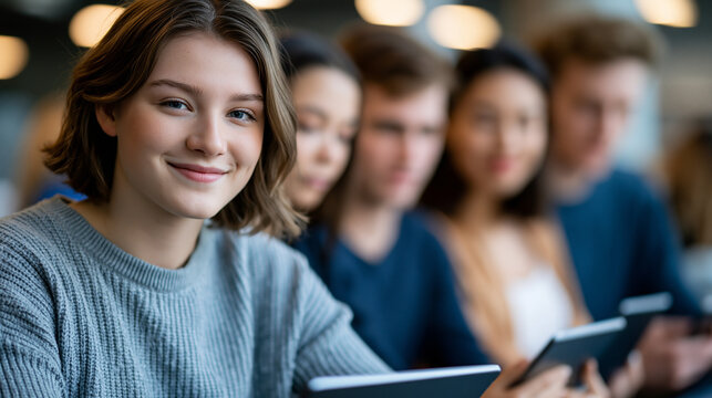 Beta app feedback session, five users seated in a bright testing lab reacting to interface mockups on tablets, researcher observing quietly from the corner, perfect for UX research, user testing, an