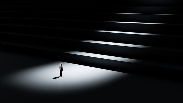 Man standing in spotlight looking up at massive staircase representing impossible business challenge and daunting goals, 3d render