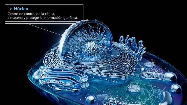 Conceptual 3D Animation of a Eukaryotic Cell with Labeled Organelles in spanish