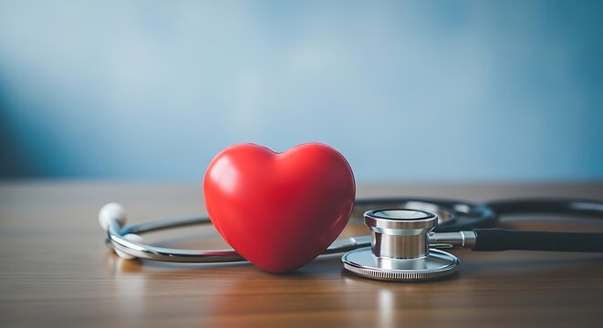 red heart shape with stethoscope on wooden table healthcare concept