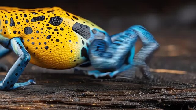 Stunning Yellow and Blue Dyeing Poison Dart Frog Macro Close Up