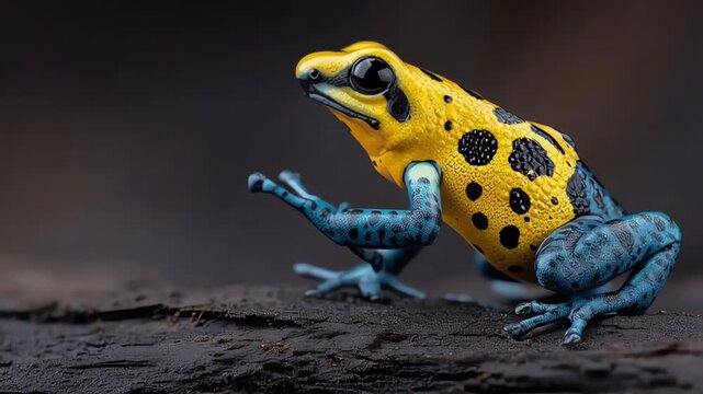 Yellow and Blue Poison Dart Frog on a Dark Log