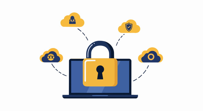 Cybersecurity and Cloud Data Protection Illustration with Laptop and Padlock Icons Representing Secure Network Infrastructure and Privacy on White Background