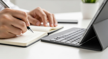 Fototapeta premium Person writing notes in a notebook with a pen while using a tablet and keyboard on a white desk with a plant in the background