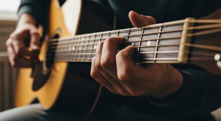 Fototapeta premium Close-up of a person playing an acoustic guitar, fingers positioned on the fretboard, natural light illuminating the scene indoors