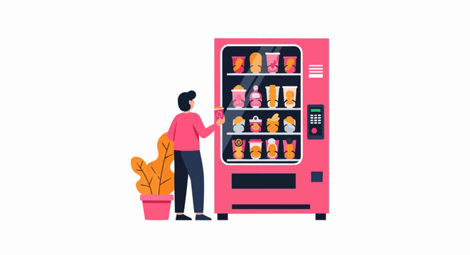 Modern Flat Vector Illustration of a Person Buying Snacks and Drinks from a Pink Vending Machine, Automated Retail and Fast Food Convenience Concept