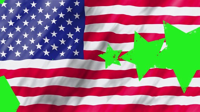 Dynamic video transition featuring stars with the American flag texture flying across a green screen background. A perfect chroma key wipe effect for patriotic edits, news, and election videos