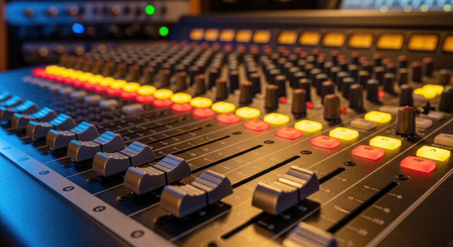 Audio mixing console with illuminated faders and buttons in a professional recording studio environment showcasing sound equipment