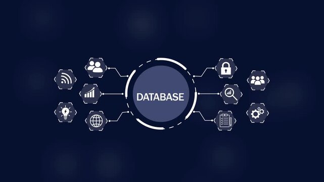Centralized database concept with interconnected white symbolizing data storage network security on Black Background and features 4k Animation video