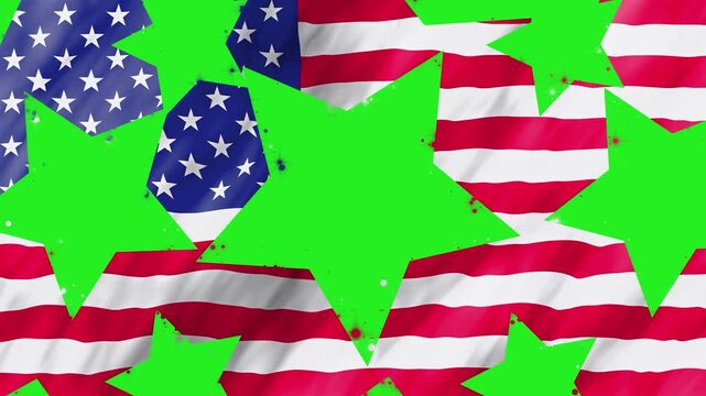 Dynamic video transition featuring stars with the American flag texture flying across a green screen background. A perfect chroma key wipe effect for patriotic edits, news, and election videos