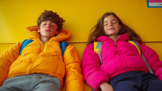 Two tired young children, boy and girl, peacefully sleeping while wearing warm puffer jackets and backpacks against vibrant yellow background, capturing moment of serene rest and comfort on their jour