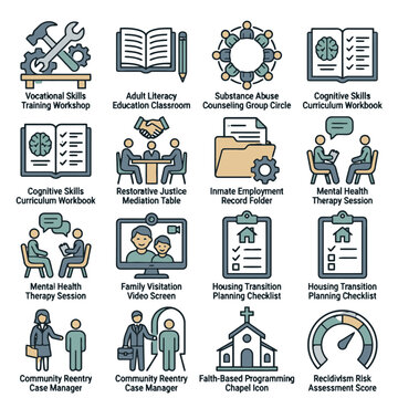 Correctional facility rehabilitation program and reentry service icons for justice tech apps, inmate management platforms, reentry program dashboards, and justice reform UI design.