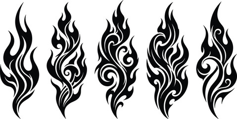 Fototapeta premium Tribal Flame Vector Icons with Swirling Abstract Fire Patterns for Tattoo and Decorative Graphic Design