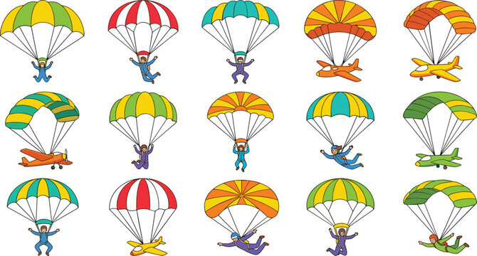 Parachuting Characters Set with Skydiving People and Colorful Parachutes in Different Poses for Adventure Sports Illustration and Fun Vector Collection.