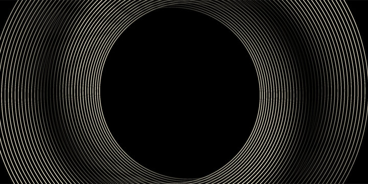 Abstract circle wave lines, gradient light equalizer gold wavy curve. Round frame in luxury golden color isolated on black background. Editable stroke. Vector illustration with copy space