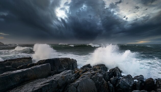 dramatic view of strong wind and high waves crashing over rocks under a dark brooding storm sky intense marine landscape with a visible rain squall on the horizon