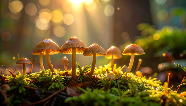 Mushrooms illuminated by sunlight in forest environment nature scene