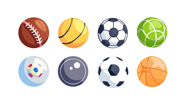 Sport balls elements set design. Collection with bowling, soccer, football, basketball, beach, tennis, fitness, baseball, volleyball and other games leisure circle equipments. Vector illustration. icn