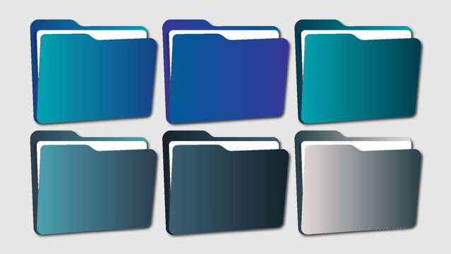 A collection of folder icons in various shades of blue, turquoise, and gray, featuring gradient color schemes.