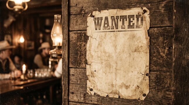 Old vintage western wanted poster on a rustic wooden wall in a saloon