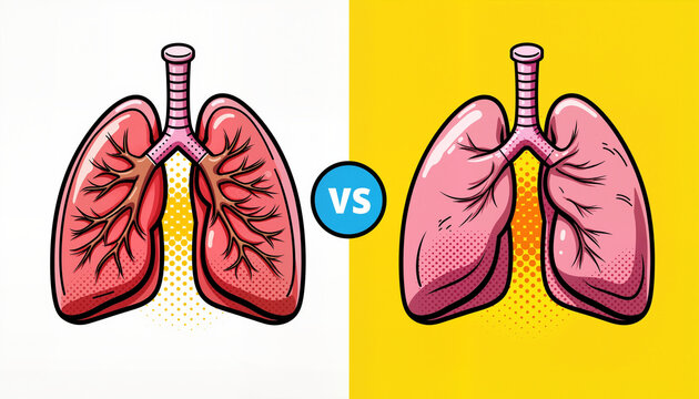 Healthy vs Smoker's Lungs comparison in bold comic art style, visual metaphor, World No Tobacco Day
