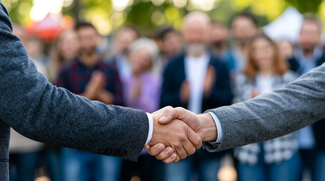 Accelerator graduation ceremony, founder shaking hands with program director on a sunlit stage, cohort applauding in blurred background, milestone captured with clarity, perfect for startup mileston
