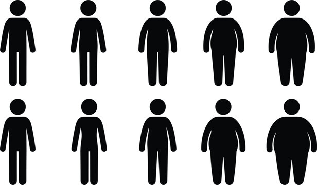 Human body types silhouette icon set with different male figures, diversity of shapes and sizes in black pictogram style for health and lifestyle concepts