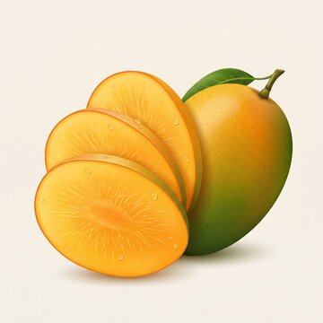 Vector Illustration of Fanned Mango Slices with Whole Green-Yellow Mango Showing Deep Orange Interior on White Background