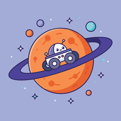 Naklejka premium Cute space rover on a planet ring vector illustration in cartoon style