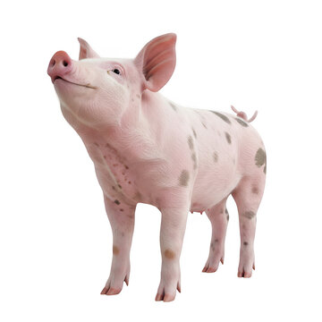 Cute pink pig standing and looking up on a farm isolated on transparent background