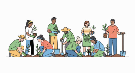 Fototapeta premium Diverse group of people planting trees and holding gardening tools in a line, with a minimalist white background and a focus on environmental conservation.