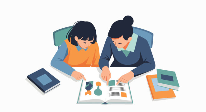 Two women studying together with books and a laptop on a table in a minimalist setting with a calm mood.