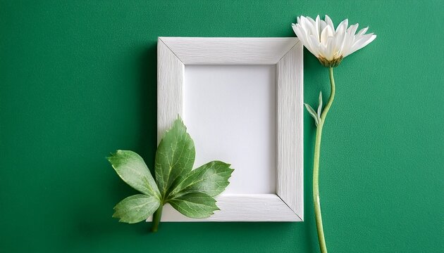 minimal white photo frame and single soft flower on green background ideal for branding posters greeting cards or digital mockups copy space
