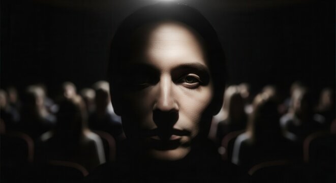 Dramatic portrait of a person illuminated by a single overhead spotlight in a dark auditorium.