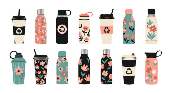 Diverse collection of eco-friendly reusable water bottles and coffee cups featuring various floral and geometric patterns for sustainable living.