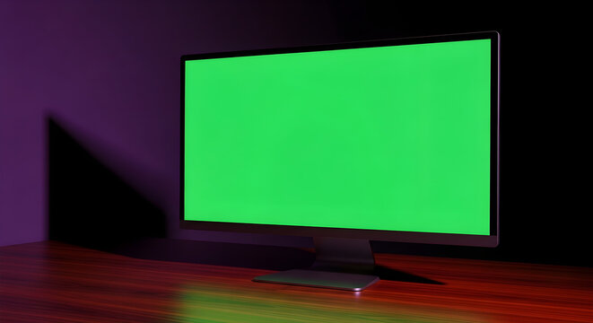 Computer monitor with a bright green screen on a wooden desk, illuminated by ambient light, casting a shadow