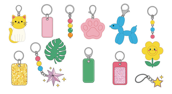 Diverse set of colorful and cute keychains featuring designs like a cat, balloon dog, paw print, flower, and stars in a flat vector style.