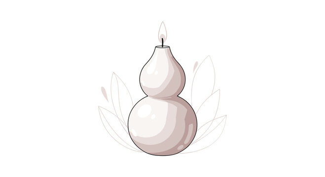 Elegant white ceramic candle holder in a double gourd shape featuring stylized leaf outlines and a single glowing flame on a white background.