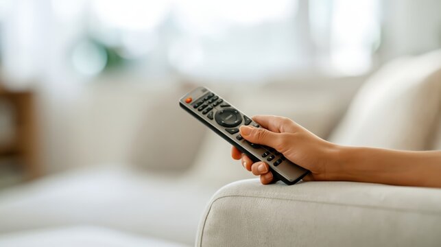 Close-up of hand holding TV remote on sofa in bright living room, relaxing at home.