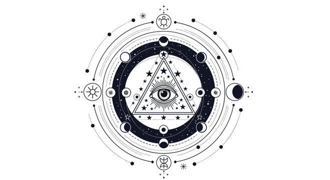 Mystical esoteric symbol featuring an all seeing eye within a triangle surrounded by complex geometric circles moon phases and stars.