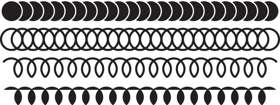 Vertical seamless stitches. Black embroidery zigzag, line and fringe border stitch patterns for textile design, sewing elements. Vector isolated set. Collection of decorative geometric line borders an