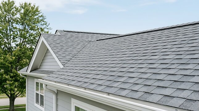 High-Angle View of a Pristine Gray Shingle Roof on a Classic Suburban Residential Home
