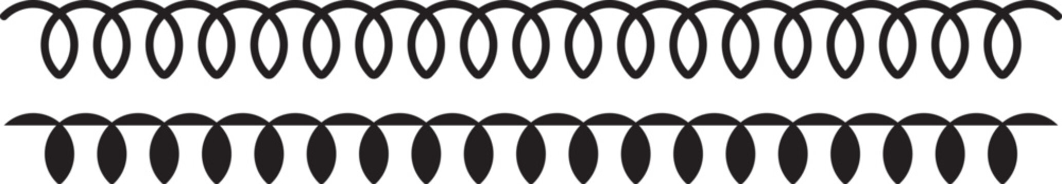Vertical seamless stitches. Black embroidery zigzag, line and fringe border stitch patterns for textile design, sewing elements. Vector isolated set. Collection of decorative geometric line borders an