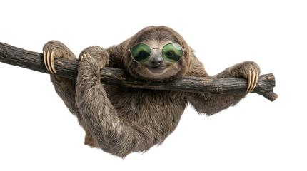 Fototapeta premium Sloth hanging on a branch wearing sunglasses smiling, cut out, stock png, isolated on transparent background