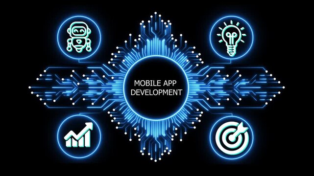 mobile app development logo on glowing circuit board network, connected business icons for finance, analytics, partnership, growth and innovation on black background