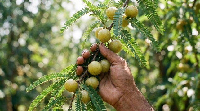 Hand Holding Fresh Amla Fruits on Tree Branch, Indian Gooseberry Harvest in Orchard, Organic Superfood, Vitamin C Rich Natural Ingredient, Sustainable Agriculture and Wellness Concept