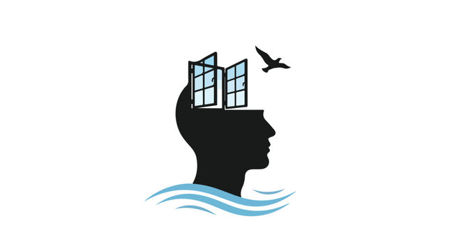 This symbolic vector graphic shows a black head silhouette submerged in waves with an open window on top and a bird flying away for freedom.
