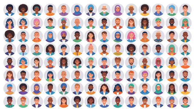 Diverse portraits vector collection featuring multicultural people illustrations, inclusive character icons, circular frames, fashion styles, accessories, diversity symbols for branding, education, an
