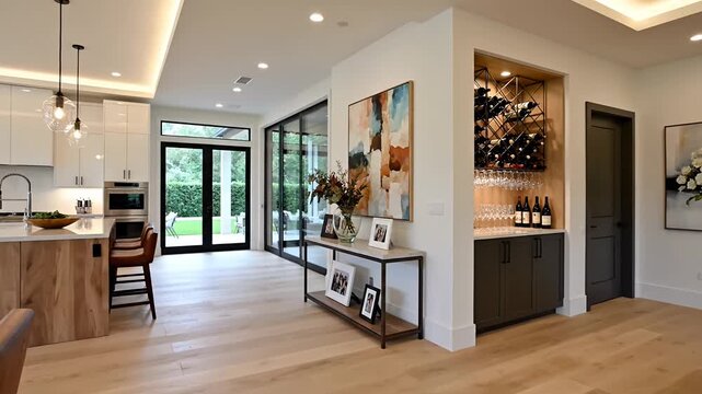 Modern open concept kitchen and living area with wine bar